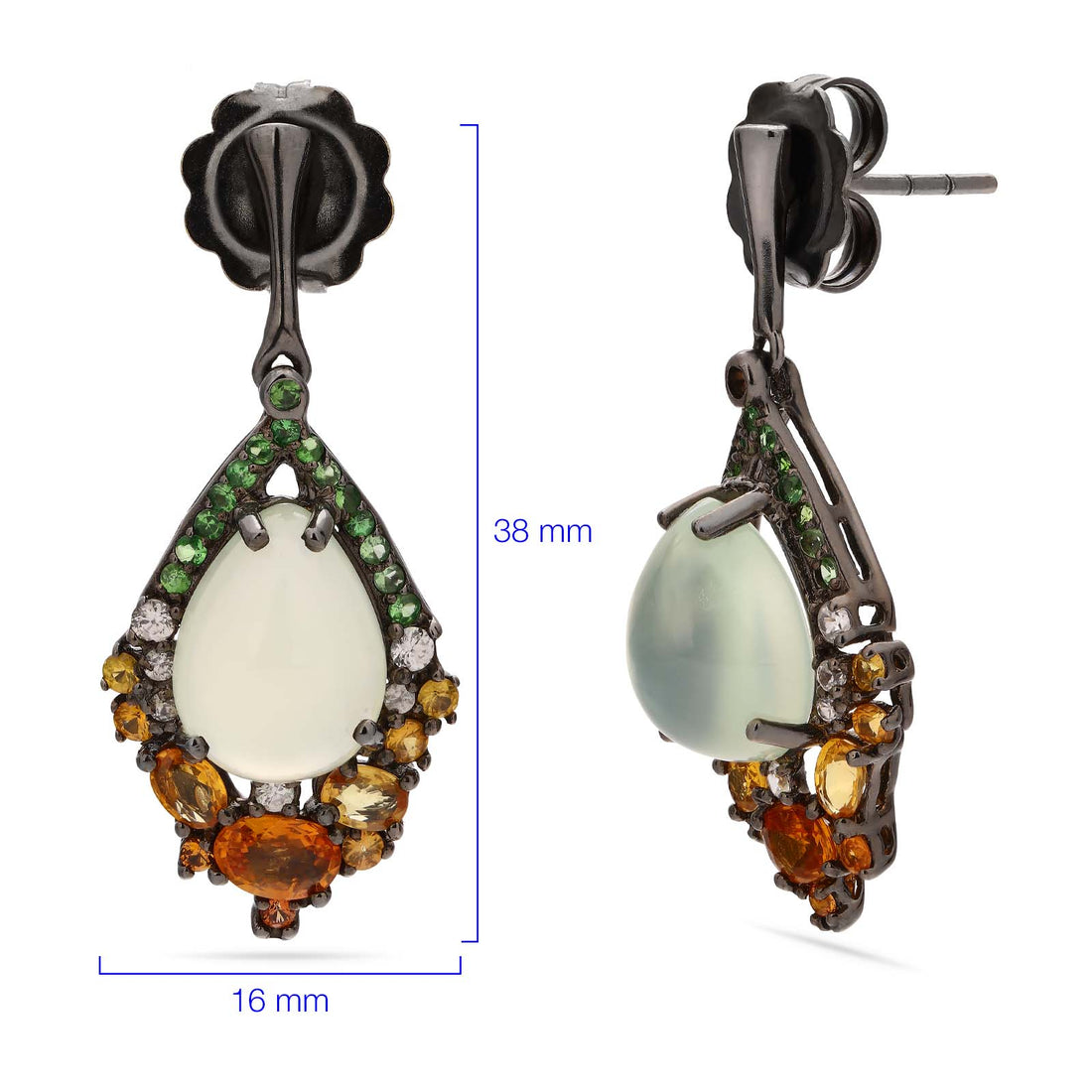Par de Brinco de Prata Luxo com Prenita, Safiras Laranjas, Granadas Verde e Zirconias