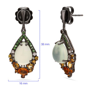 Par de Brinco de Prata Luxo com Prenita, Safiras Laranjas, Granadas Verde e Zirconias