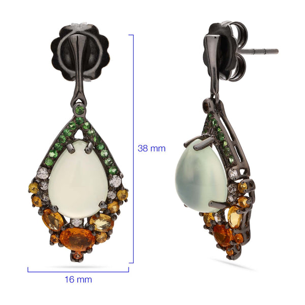 Par de Brinco de Prata Luxo com Prenita, Safiras Laranjas, Granadas Verde e Zirconias