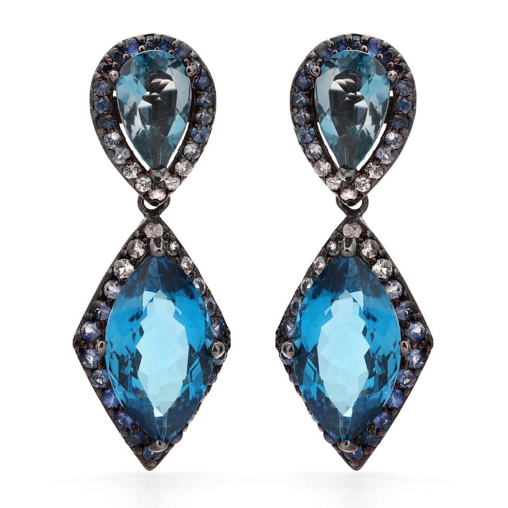 Par de Brinco Linha Premium em Prata 925 com Topazios London Blue, Safiras Azuis e Zirconias