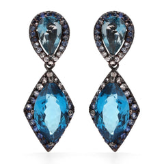 Par de Brinco Linha Premium em Prata 925 com Topazios London Blue, Safiras Azuis e Zirconias