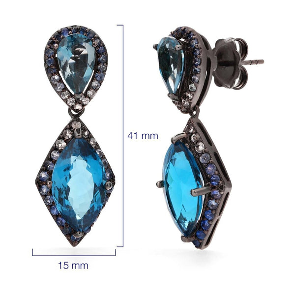 Par de Brinco Linha Premium em Prata 925 com Topazios London Blue, Safiras Azuis e Zirconias