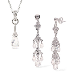 Pingente e Par de Brinco em Prata 925 Chandelier com Gota Briolet de Zirconias