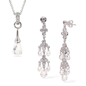Pingente e Par de Brinco em Prata 925 Chandelier com Gota Briolet de Zirconias