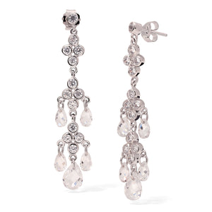 Pingente e Par de Brinco em Prata 925 Chandelier com Gota Briolet de Zirconias