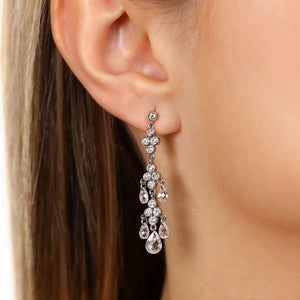 Pingente e Par de Brinco em Prata 925 Chandelier com Gota Briolet de Zirconias