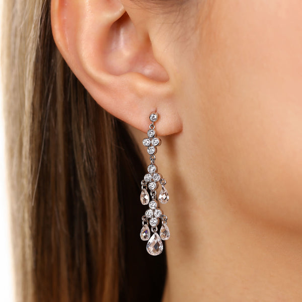 Pingente e Par de Brinco em Prata 925 Chandelier com Gota Briolet de Zirconias