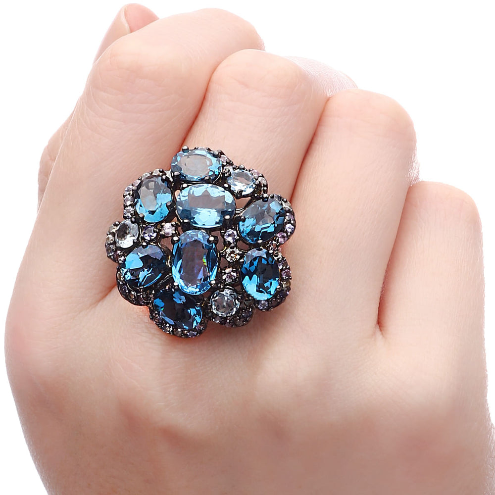 Anel em Prata Luxo com Topázios London Blue, Safiras Coloridas e Águas-Marinhas