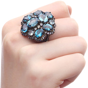 Anel em Prata Luxo com Topázios London Blue, Safiras Coloridas e Águas-Marinhas