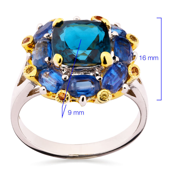 189676-Anel Linha Premium em Prata 925 com Topázio London Blue, Kianites e Safiras Laranjas