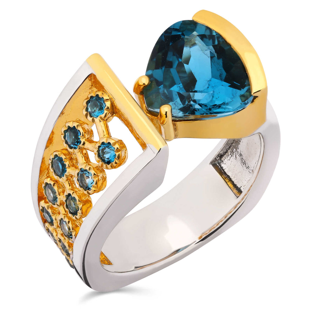 Anel Aro Desencontrado com 15 Topázios London Blue Aprox 3,78 Cts Prata