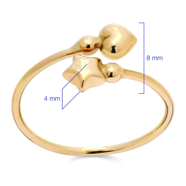 Anel Aro Desencontrado com Estrela e Coração em Ouro Amarelo 18k