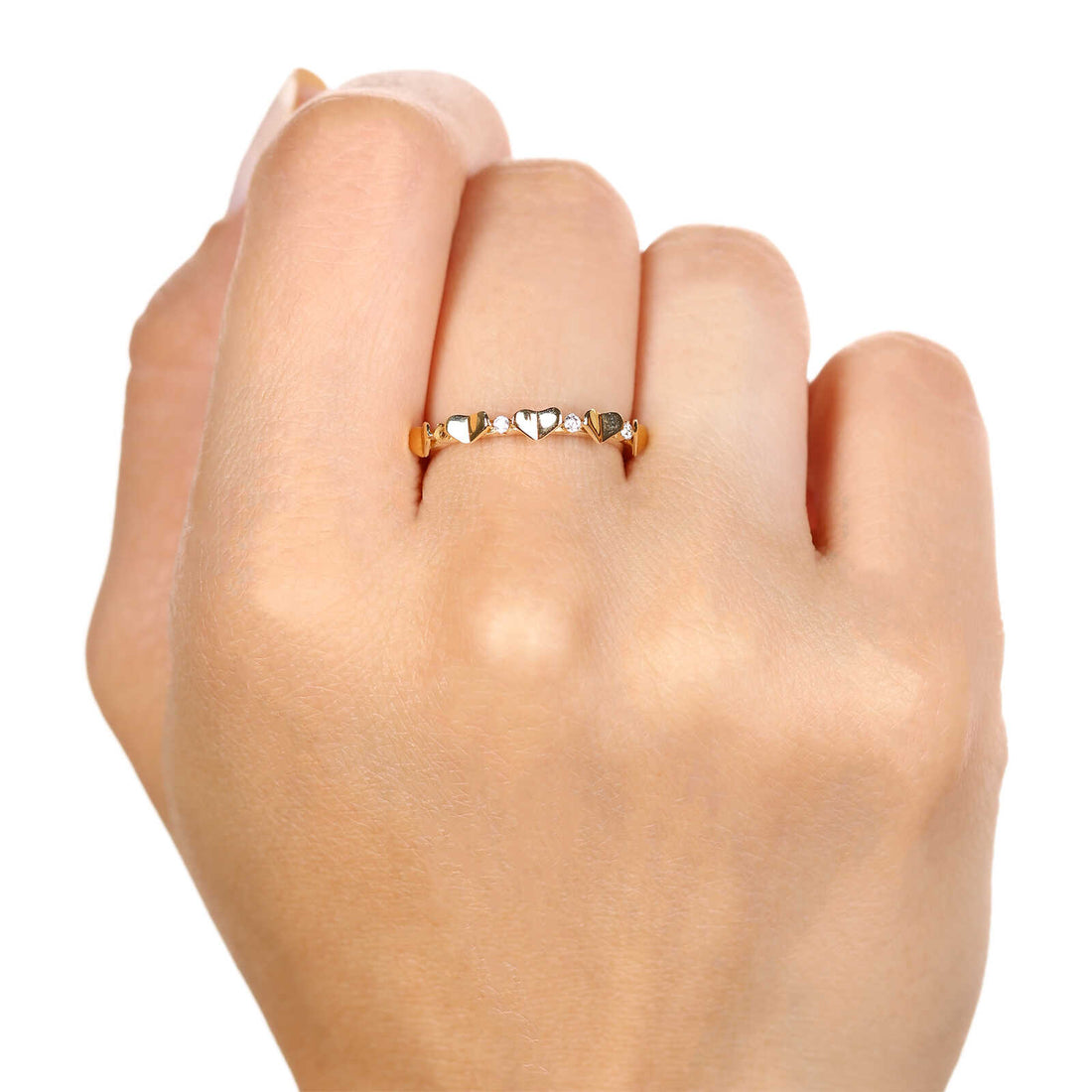 Anel Corações e Zircônias em Ouro Amarelo 18k