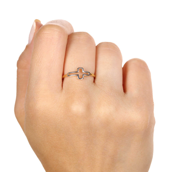 Anel em Ouro Amarelo 18k Cruz com Detalhes em Ouro Branco