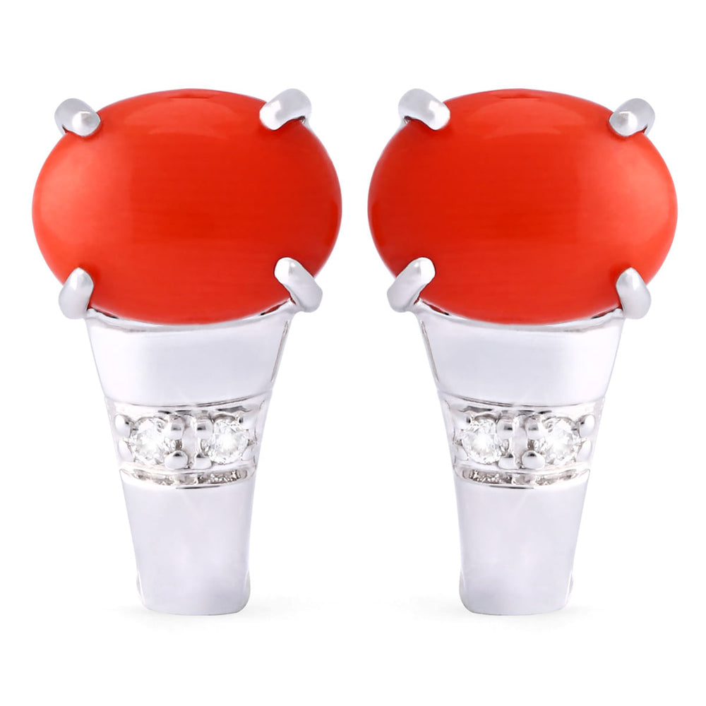 Par de Brinco em Ouro Branco 18k com Coral e Diamantes