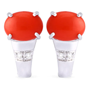 Par de Brinco em Ouro Branco 18k com Coral e Diamantes