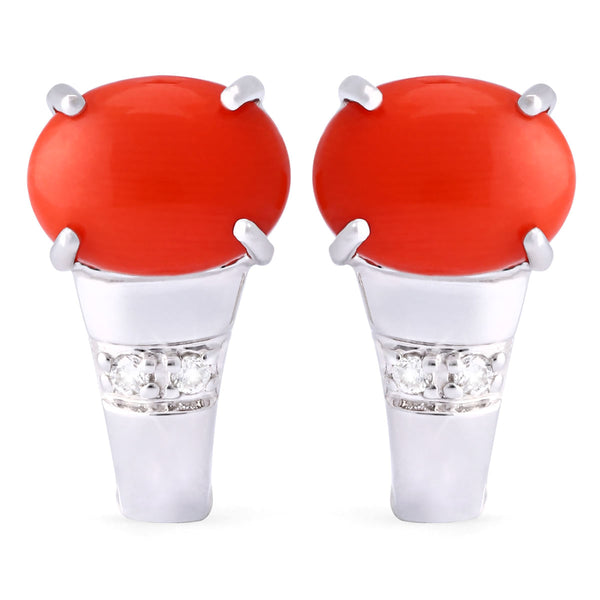 Par de Brinco em Ouro Branco 18k com Coral e Diamantes