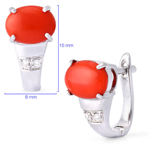 Par de Brinco em Ouro Branco 18k com Coral e Diamantes