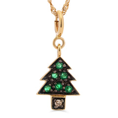 Pingente Pinheiro com Esmeraldas e Diamante em Ouro Amarelo 18k