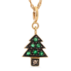 Pingente Pinheiro com Esmeraldas e Diamante em Ouro Amarelo 18k