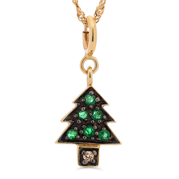 Pingente Pinheiro com Esmeraldas e Diamante em Ouro Amarelo 18k