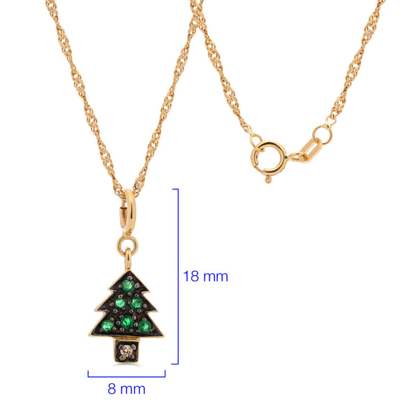 Pingente Pinheiro com Esmeraldas e Diamante em Ouro Amarelo 18k