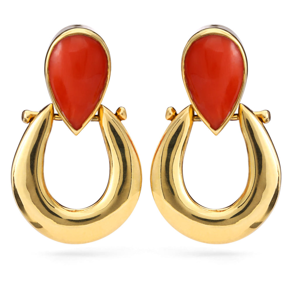 191382-Par de Brinco em Ouro Amarelo  Gota de Coral