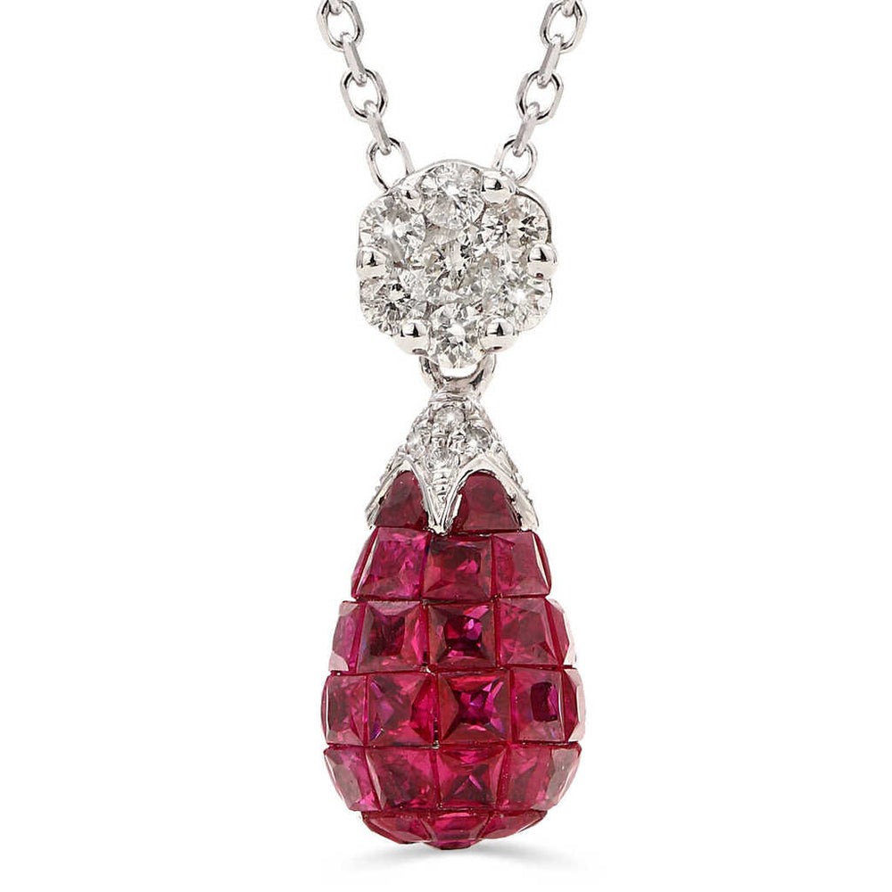 Pingente em Ouro Branco 18k Florzinha Rubis e  Diamantes