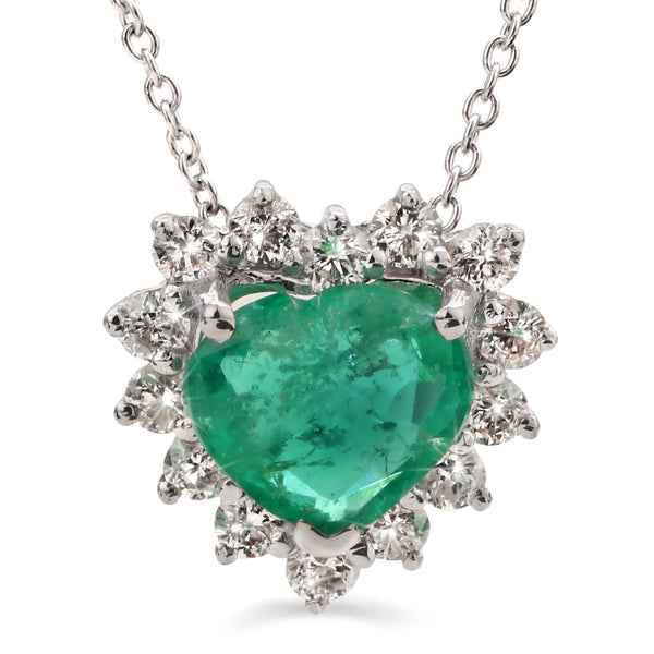 Pingente em Ouro Branco 18k Coração de Esmeralda com Diamantes