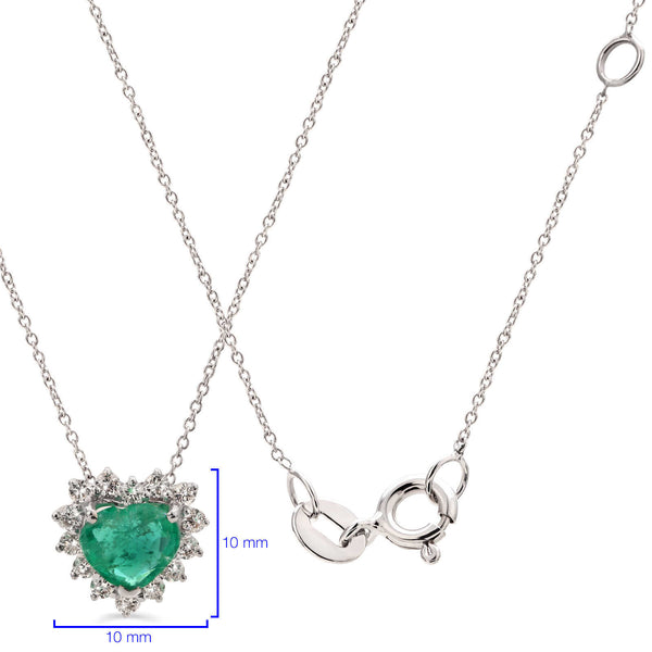 Pingente em Ouro Branco 18k Coração de Esmeralda com Diamantes
