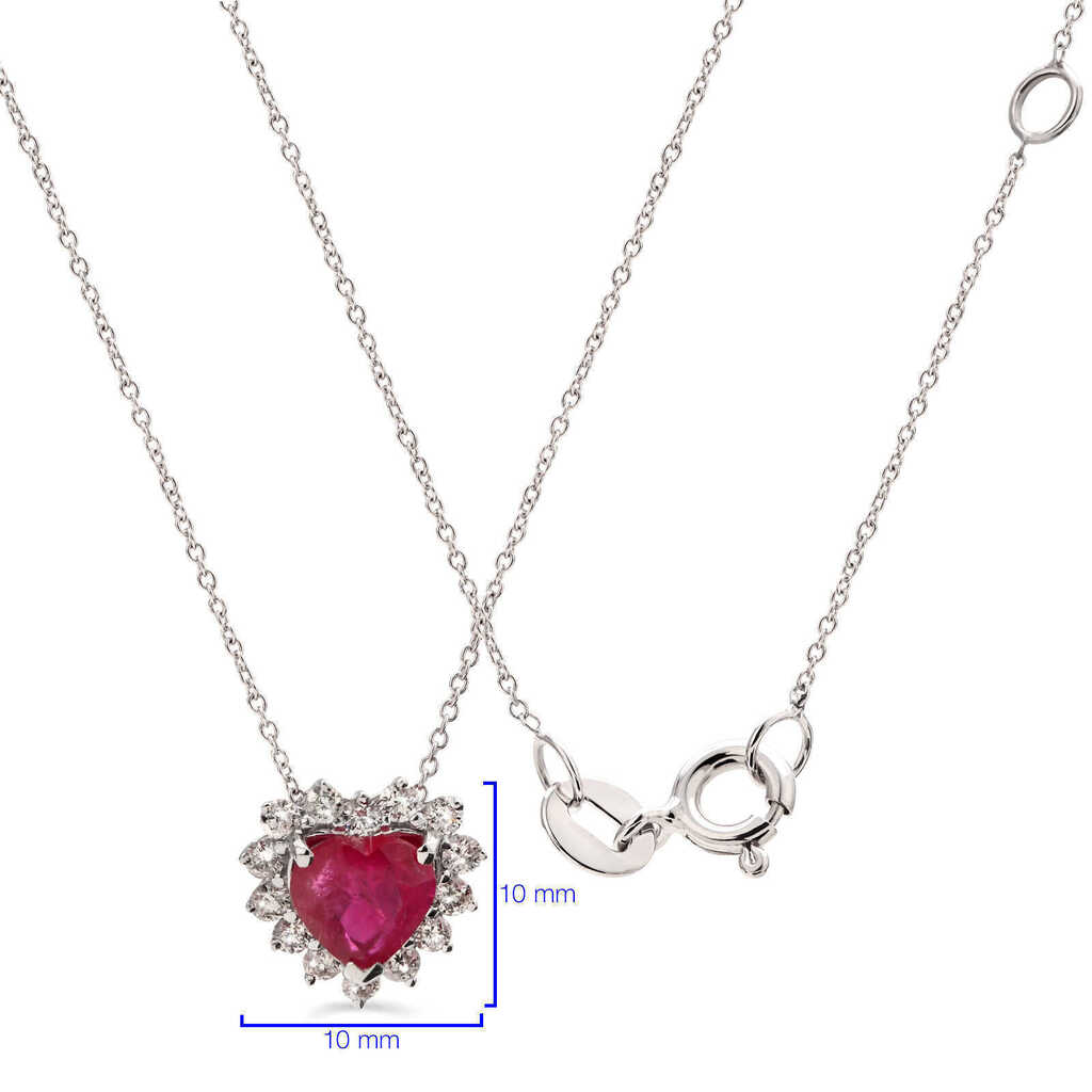 Pingente em Ouro Branco 18k Coração com Rubi e Diamantes