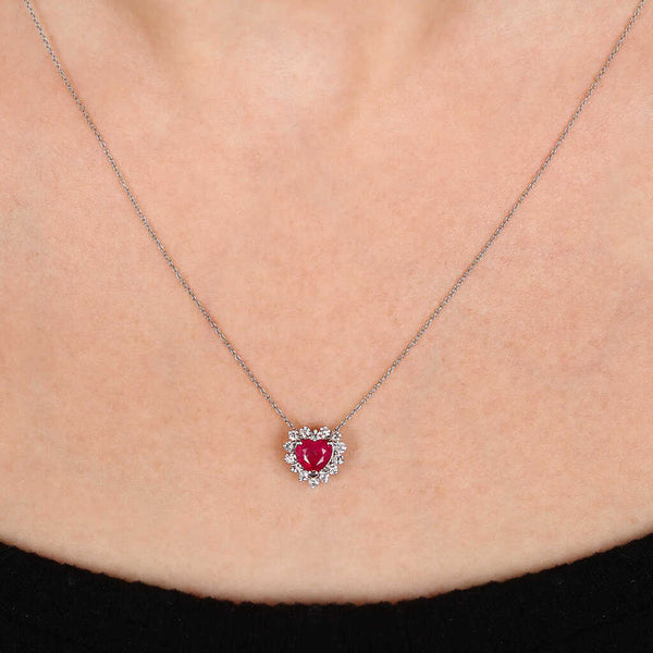 Pingente em Ouro Branco 18k Coração com Rubi e Diamantes