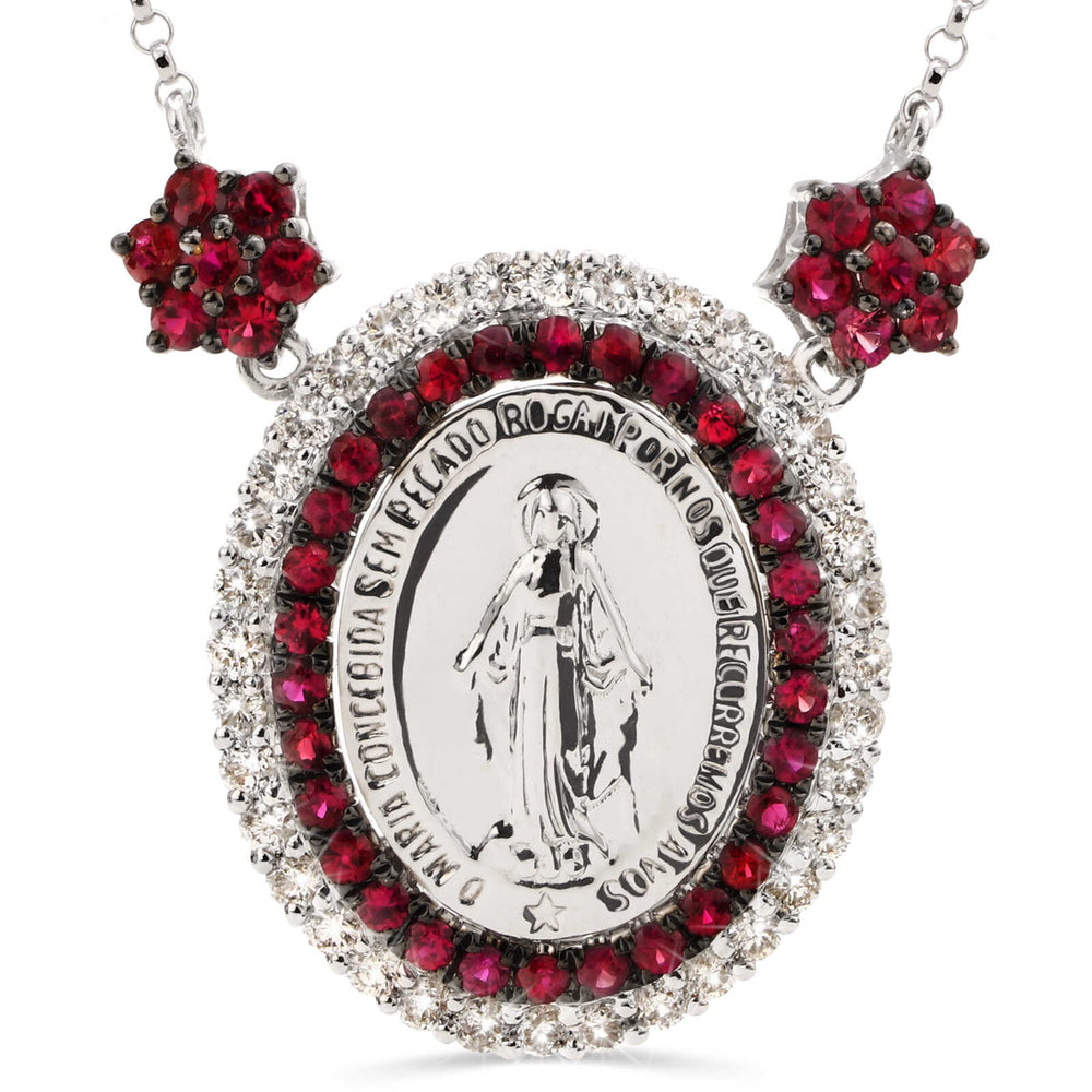 Pingente em Ouro  Branco 18k Nossa Senhora das Graças com Rubis e Diamantes