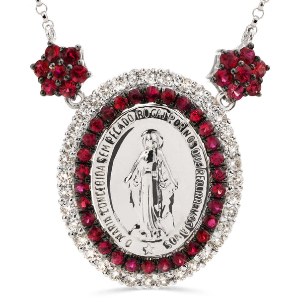 Pingente em Ouro  Branco 18k Nossa Senhora das Graças com Rubis e Diamantes