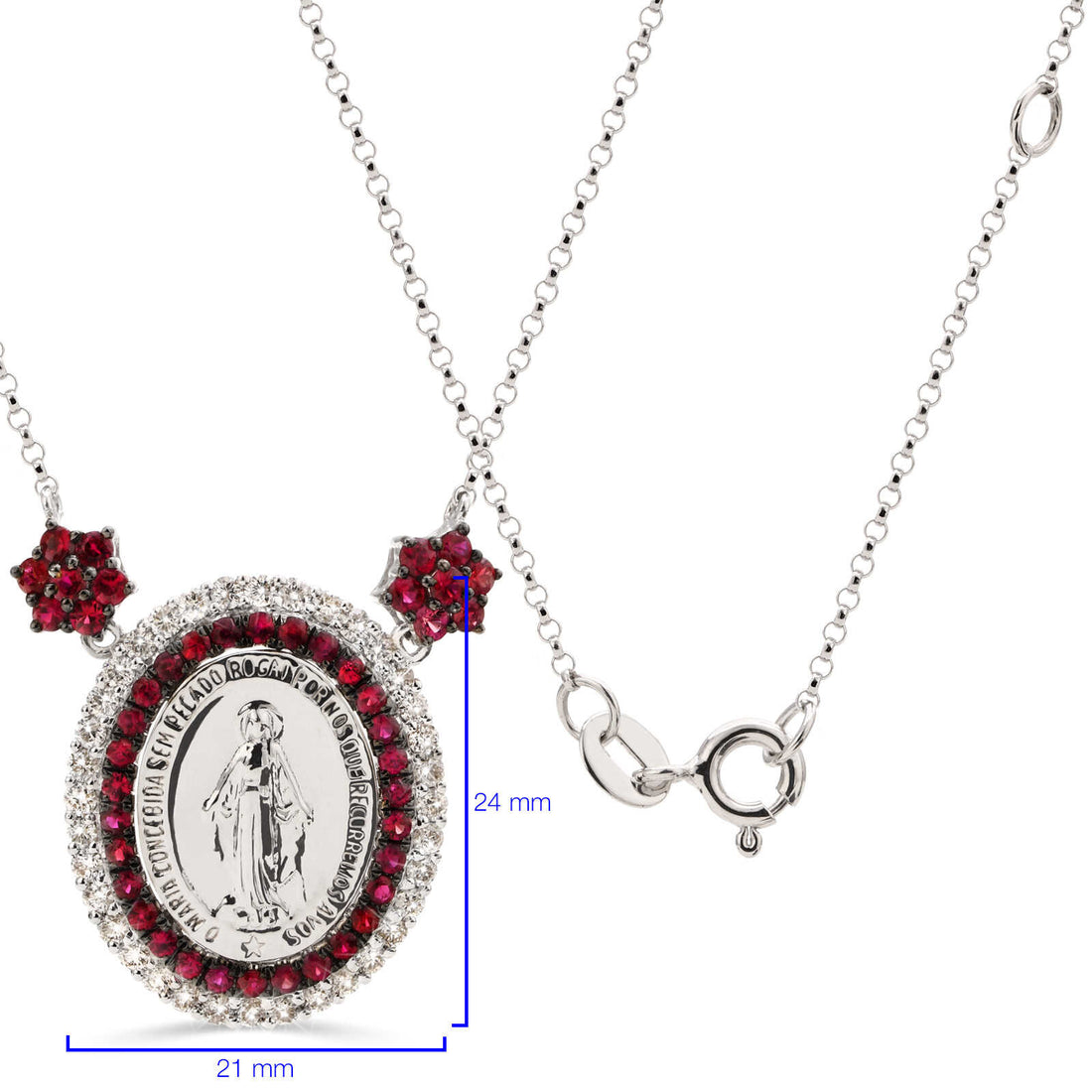 Pingente em Ouro  Branco 18k Nossa Senhora das Graças com Rubis e Diamantes