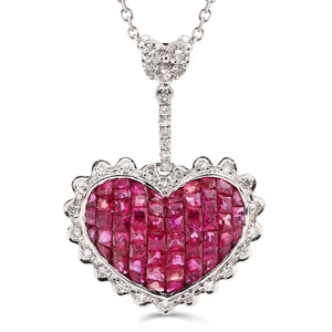 Pingente em Ouro Branco 18k Coração com Rubis e  Diamantes