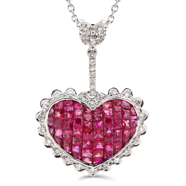 Pingente em Ouro Branco 18k Coração com Rubis e  Diamantes