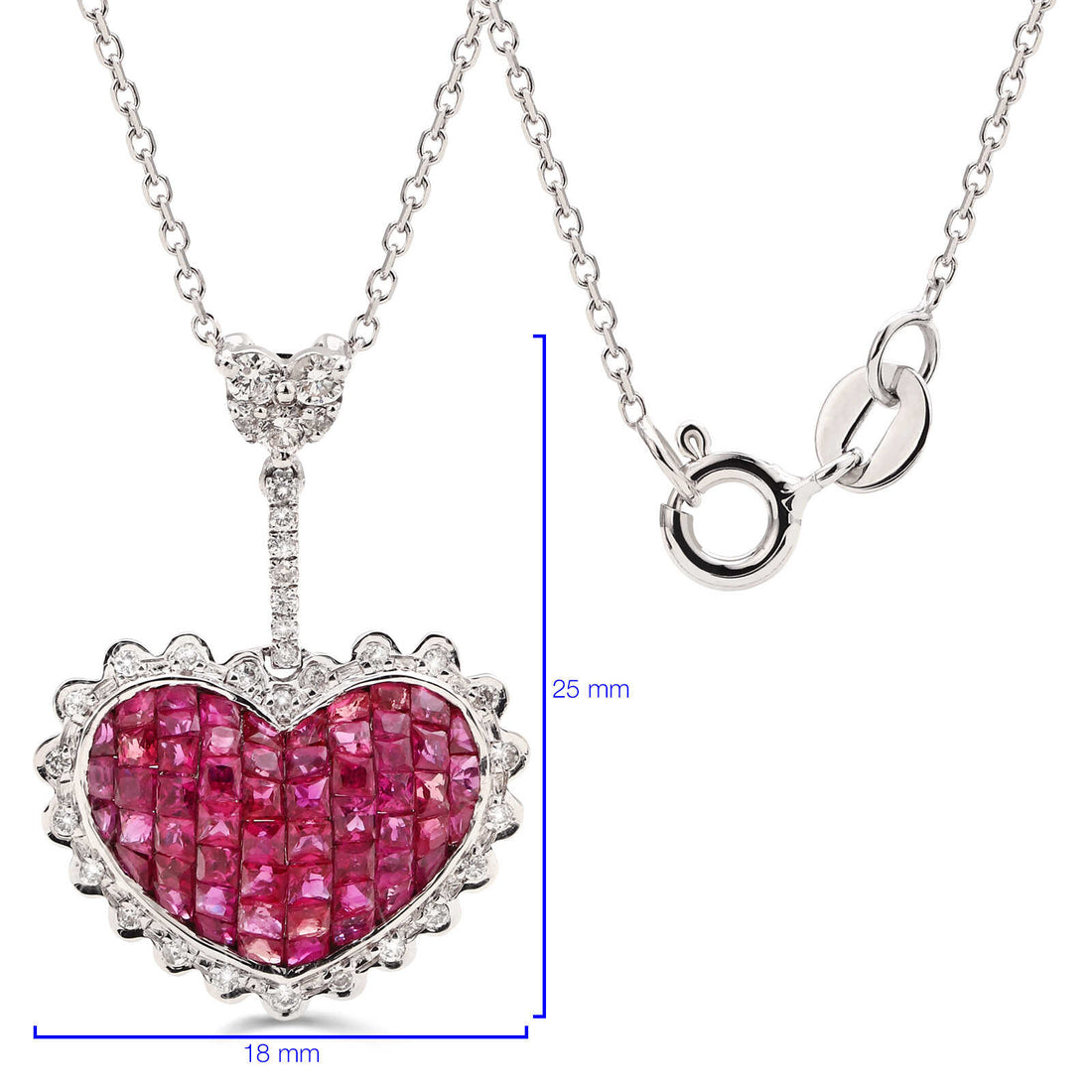 Pingente em Ouro Branco 18k Coração com Rubis e  Diamantes