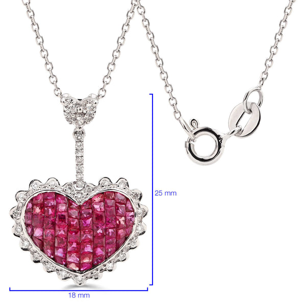 Pingente em Ouro Branco 18k Coração com Rubis e  Diamantes