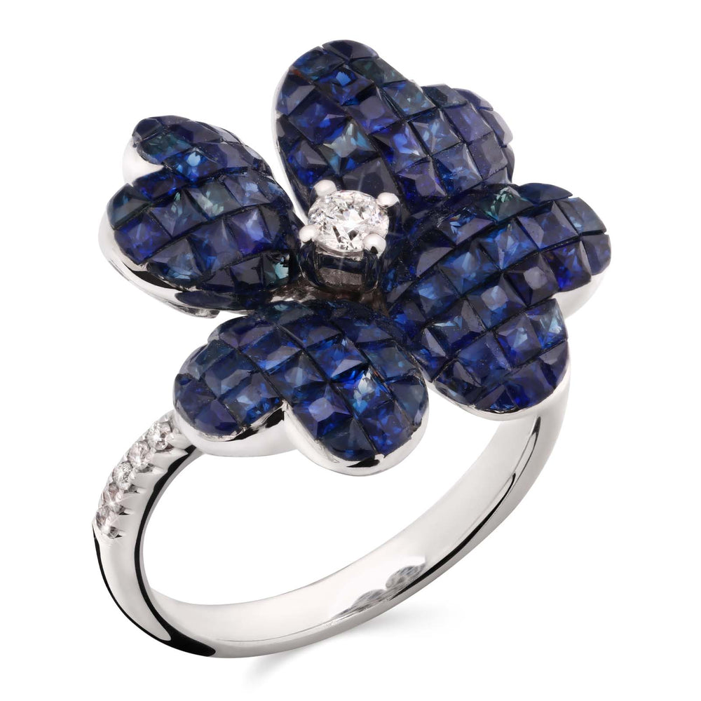 Anel em Ouro Branco 18k Flor com Safiras Azuis e Diamantes