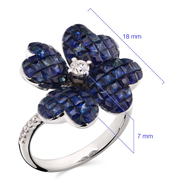 Anel em Ouro Branco 18k Flor com Safiras Azuis e Diamantes