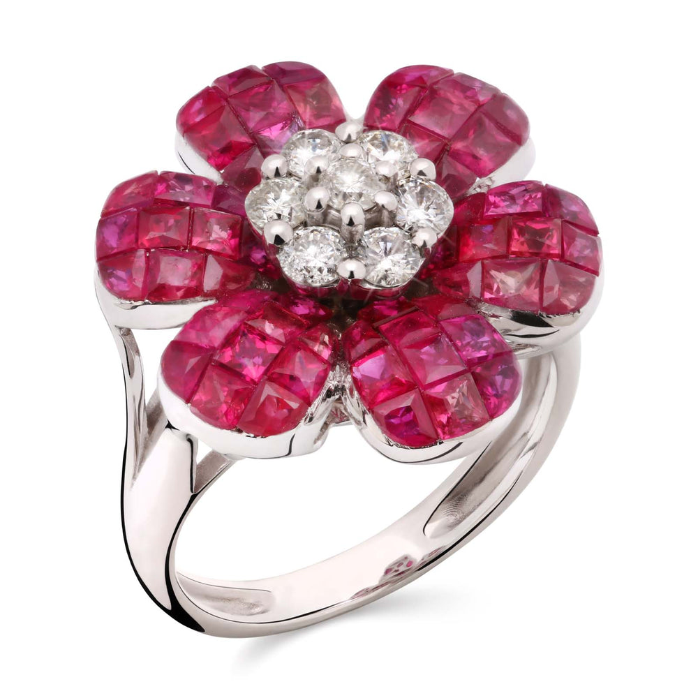 Anel em Ouro Branco 18k Flor com Rubis e Diamantes