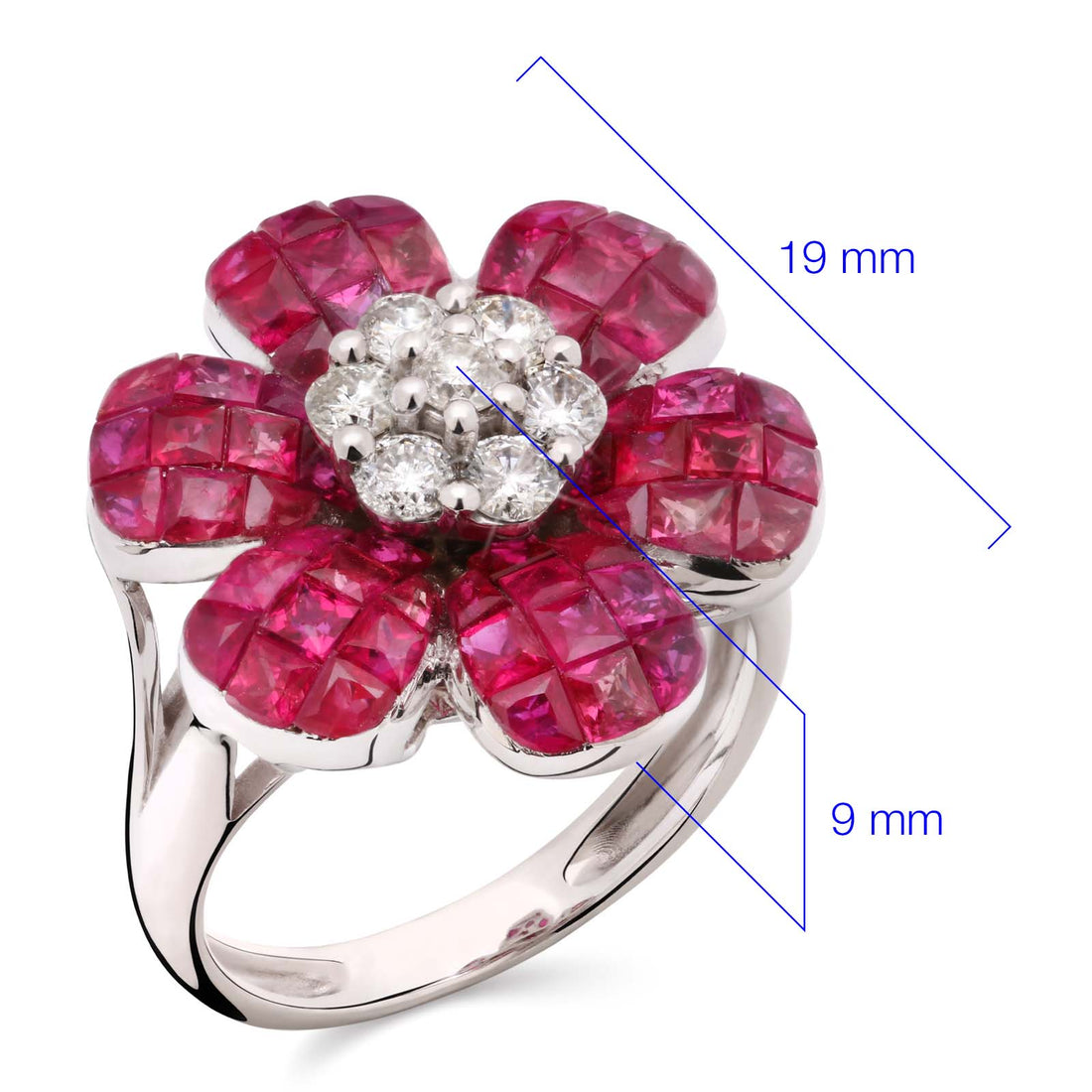 Anel em Ouro Branco 18k Flor com Rubis e Diamantes
