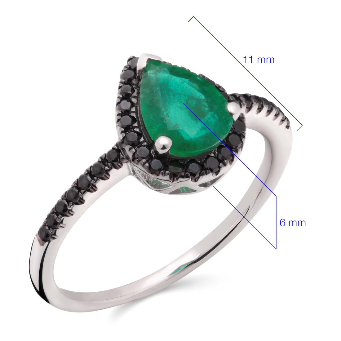 Anel em Ouro Branco 18k Gota de Esmeralda e Diamantes Negros