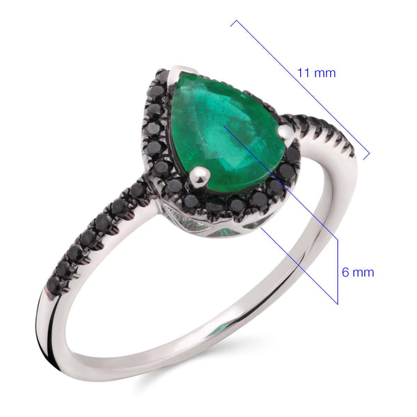 Anel em Ouro Branco 18k Gota de Esmeralda e Diamantes Negros