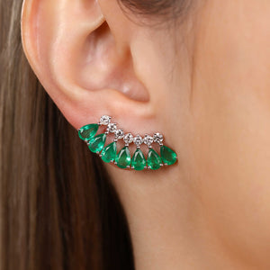 Par de Brinco em Ouro Branco 18k Ear Cuff com Esmeraldas e Diamantes