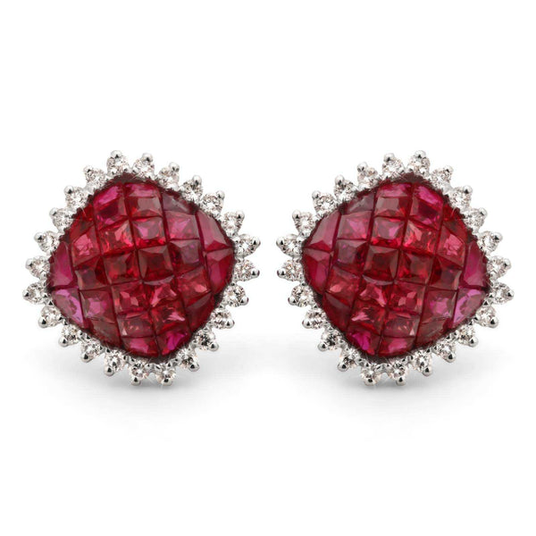 Par de Brinco em Ouro Branco 18k com Rubis e Diamantes