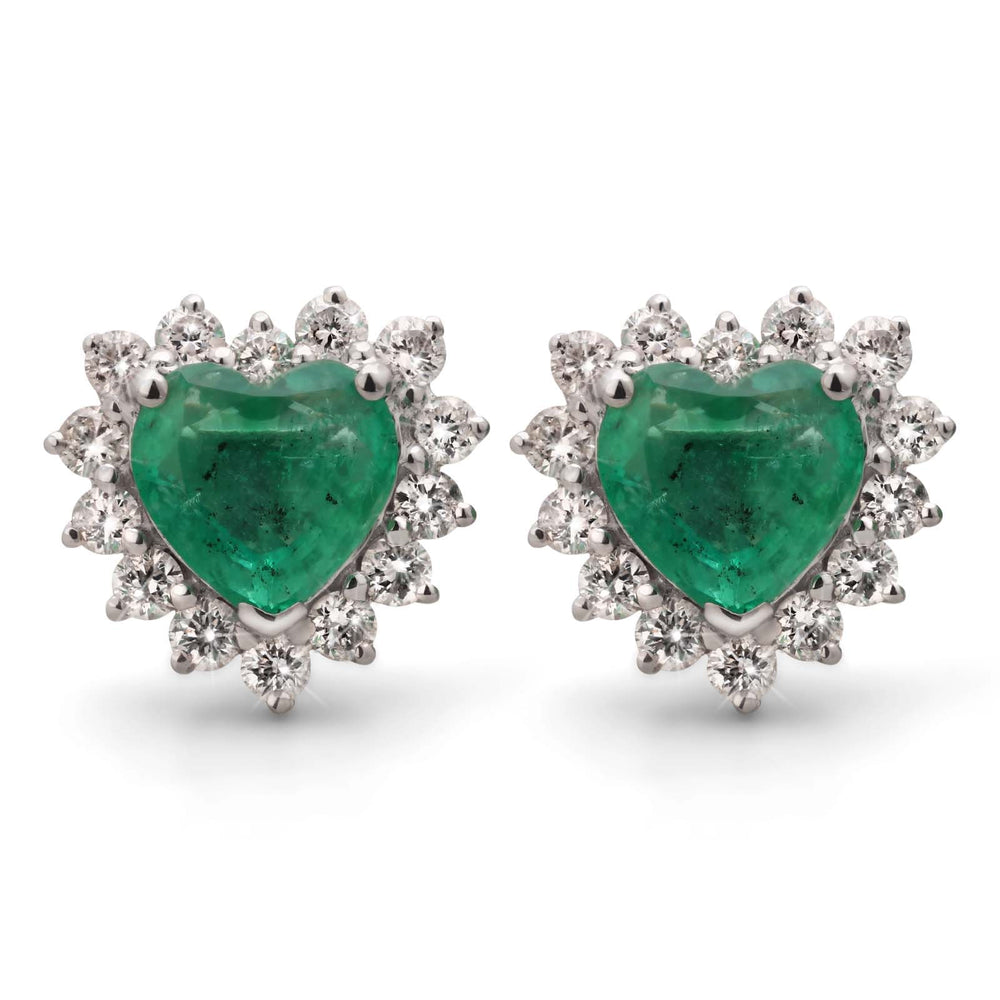 Par de Brinco em Ouro Branco 18k  Coração com Esmeraldas e Diamantes