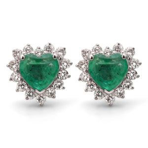 Par de Brinco em Ouro Branco 18k  Coração com Esmeraldas e Diamantes