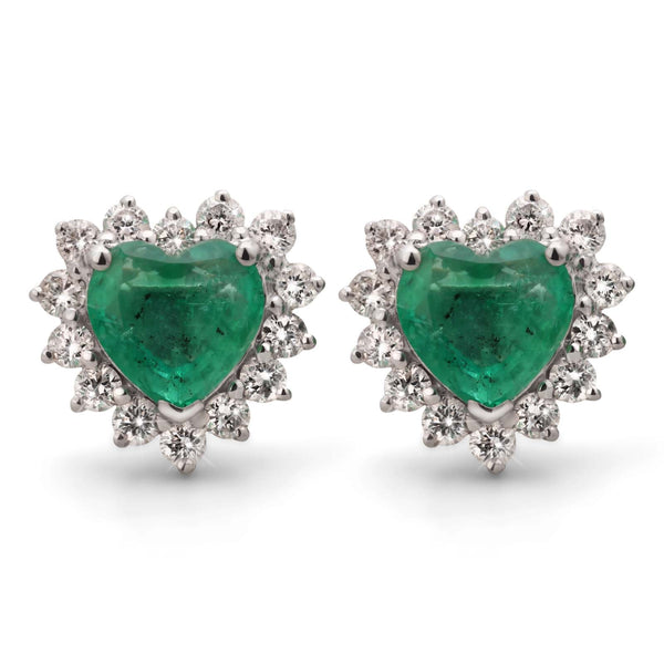Par de Brinco em Ouro Branco 18k  Coração com Esmeraldas e Diamantes